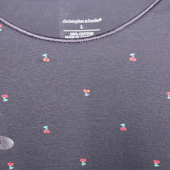 Christopher & Banks Cherry 3/4 Sleeve Black Cotton Top Large - Picture 2 of 5